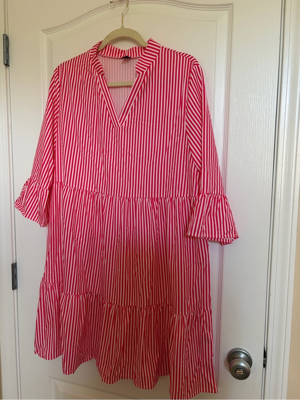 SHEIN Pink and White Striped Tiered Casual Dress